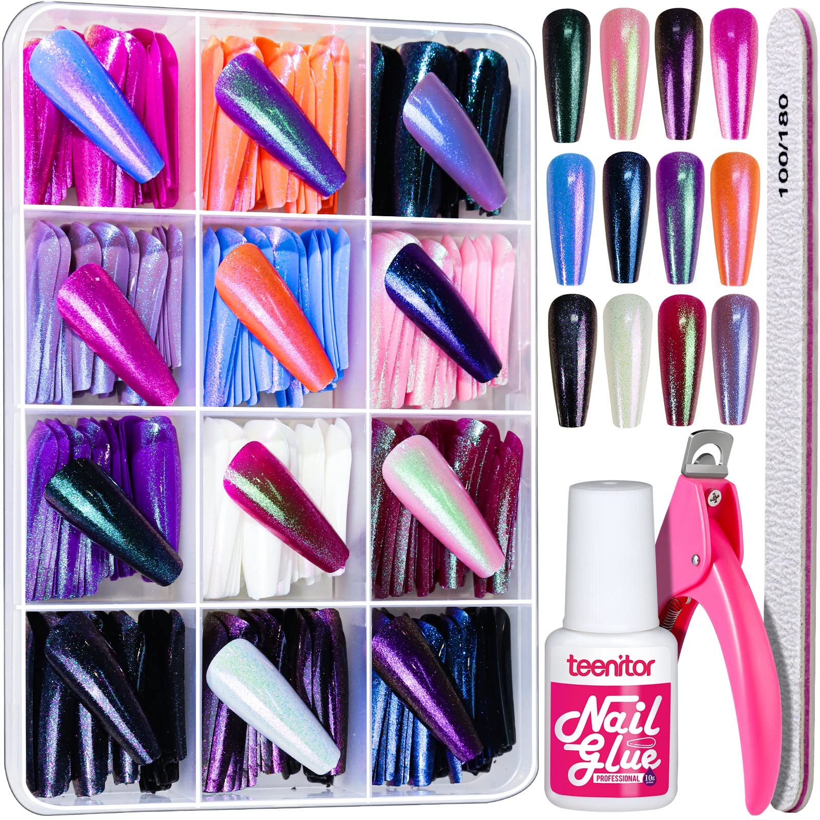Teenitor Long Press On Nails, Chrome Press On Nails, 288pcs Long Coffin Ballerina False Nails, 12 Colors Full Cover Glue On Nails Holographic Metallic Mirror