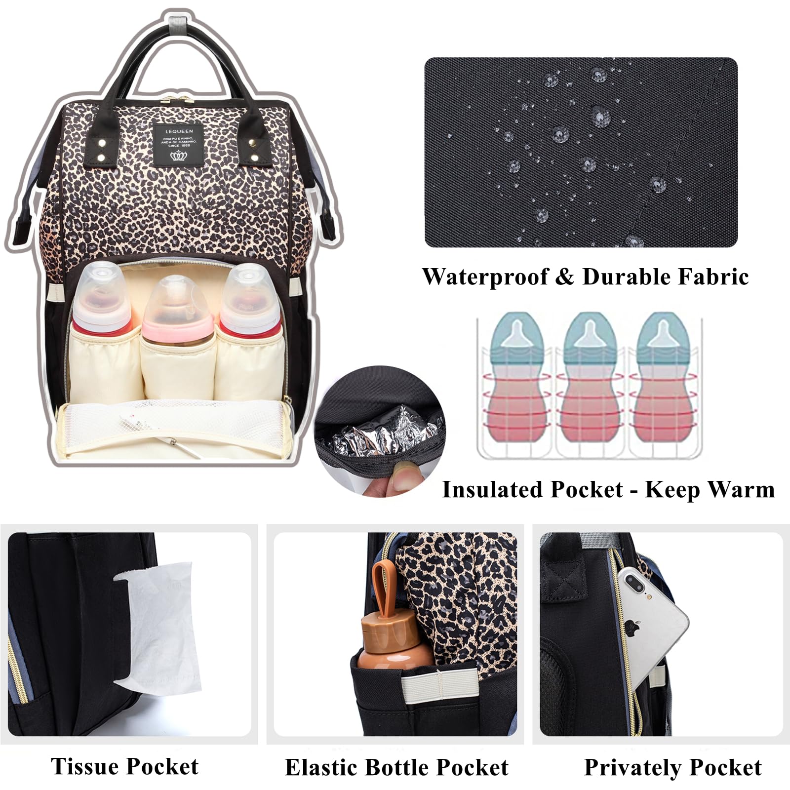 Armbq Leopard Print Diaper Bag Backpack Multi-Function Diaper Bag for Baby Care Waterproof Travel Baby Bag for Mom Brown