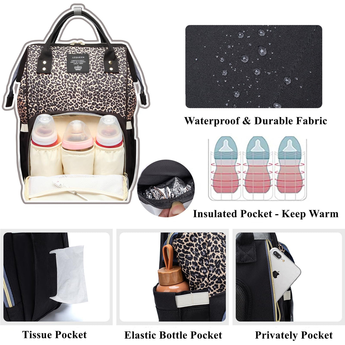 Armbq Leopard Print Diaper Bag Backpack Multi-Function Diaper Bag for Baby Care Waterproof Travel Baby Bag for Mom Brown