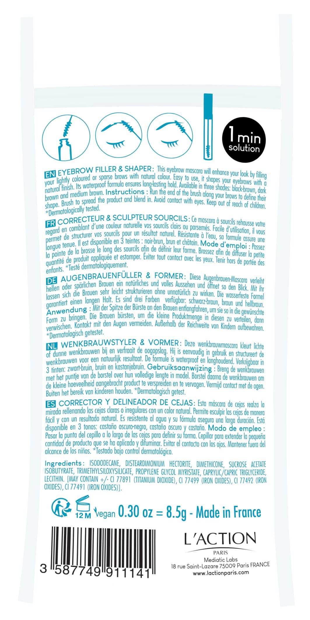 L'Action Paris Long Lasting Eyebrow Filler and Shaper, Eyebrow Mascara Fills Brows with Natural Colour, Sculpts Brows to Desired Shape, Waterproof Formula, Black-Brown 0.30 oz