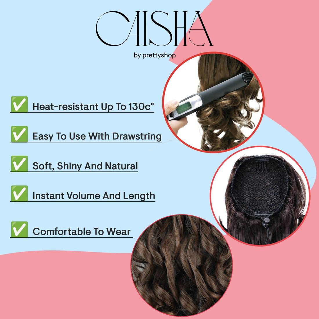 PRTTYSHOP Hair Piece Pony Tail Extension Draw String Voluminous Curly Heat-Resisting 14 platinum blond #613 PH3a