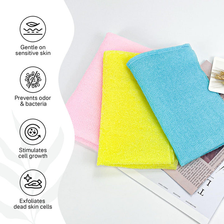 Yiclick Exfoliating Washcloth Towel [3 Pack], Japanese Exfoliating Bath Wash Cloth for Body Exfoliation, Korean Back Scrubber Washer for Shower, African Net Sponge Brush Loofah Exfoliator (Colors)