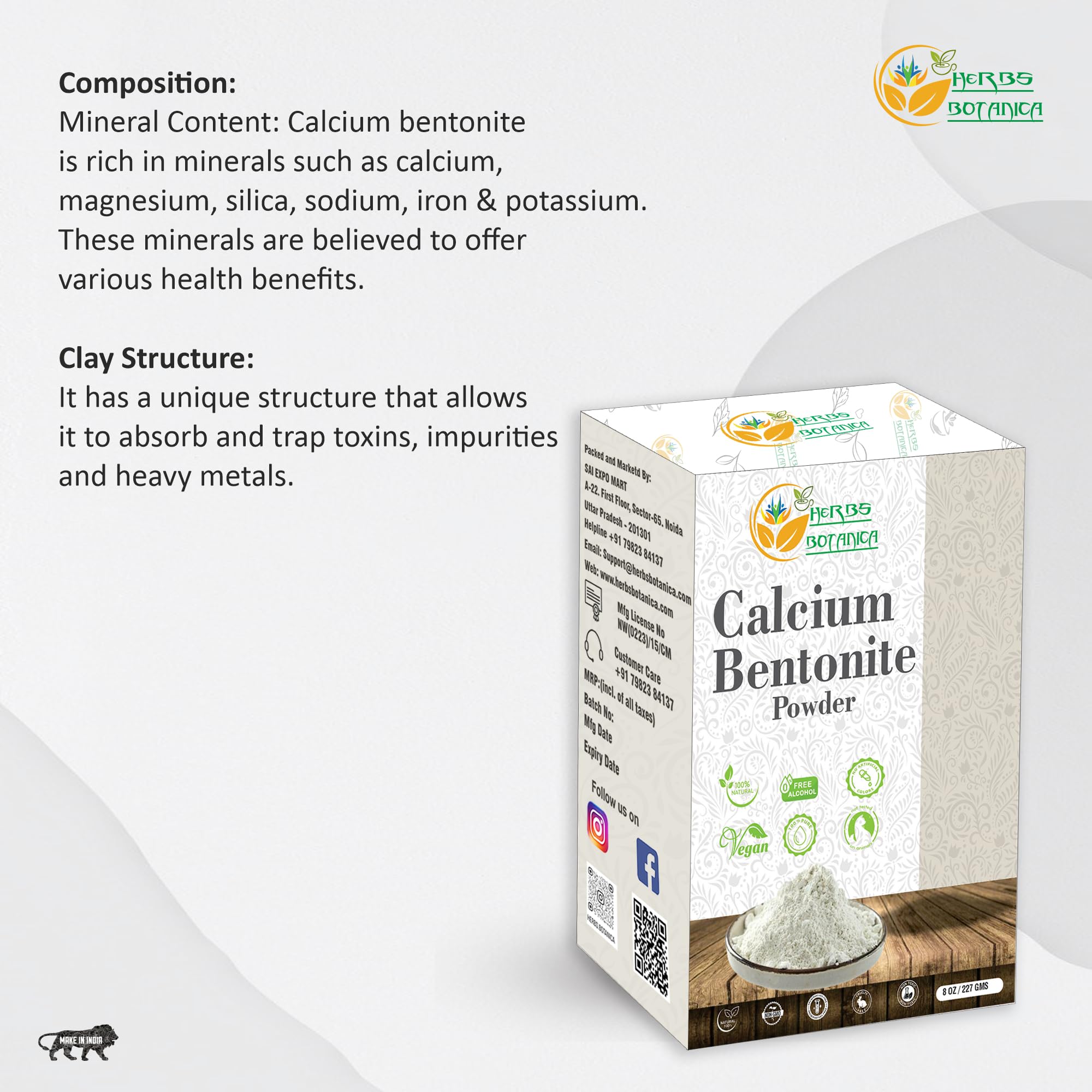 Herbs Botanica Calcium Bentonite Clay Food Grade Powder Indian Healing Clay for Face and Body, Detox Body Wrap, Deep Pore Cleansing Facial, Natural Facial Mask 8 oz / 227 gms / 1/2 lb