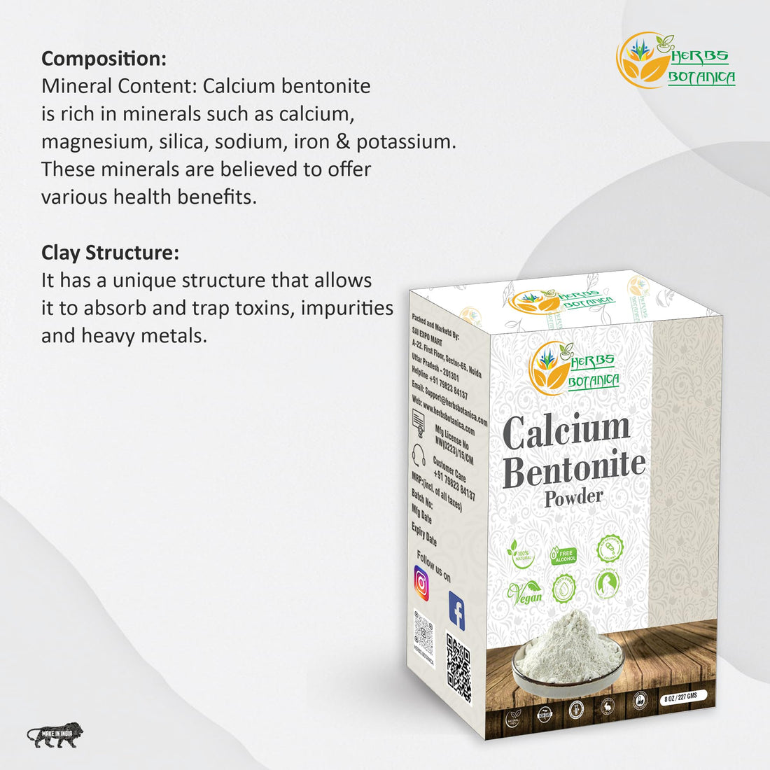 Herbs Botanica Calcium Bentonite Clay Food Grade Powder Indian Healing Clay for Face and Body, Detox Body Wrap, Deep Pore Cleansing Facial, Natural Facial Mask 8 oz / 227 gms / 1/2 lb