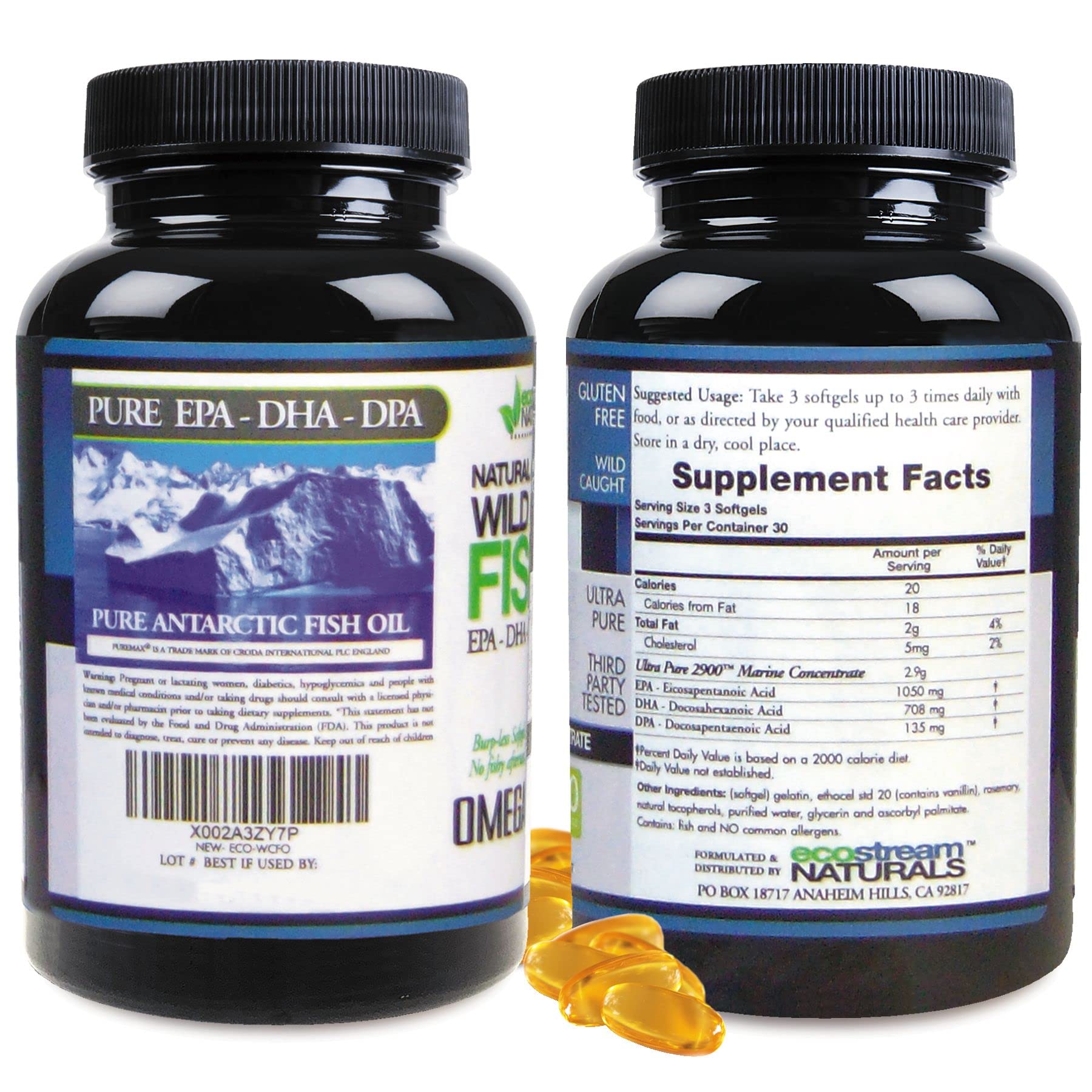 ecostream Naturals Wild Caught Omega 3 Fish Oil DPA-EPA-DHA Supplement 2,900 Milligrams