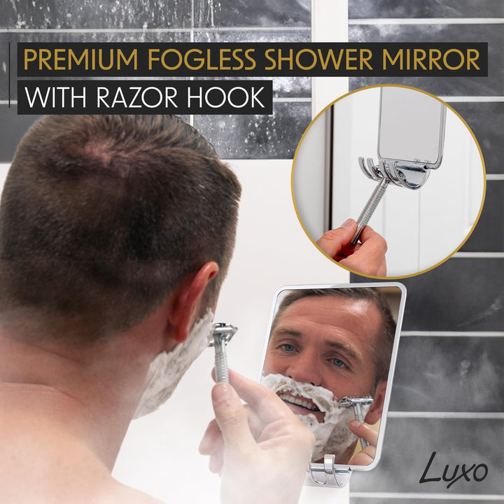 Luxo Shower Mirror, Shower Mirror fogless for Shaving with a Removable Razor Holder - Shaving Mirror for Shower with a Powerful Suction Cup - Shatterproof fogless Mirror for Shower