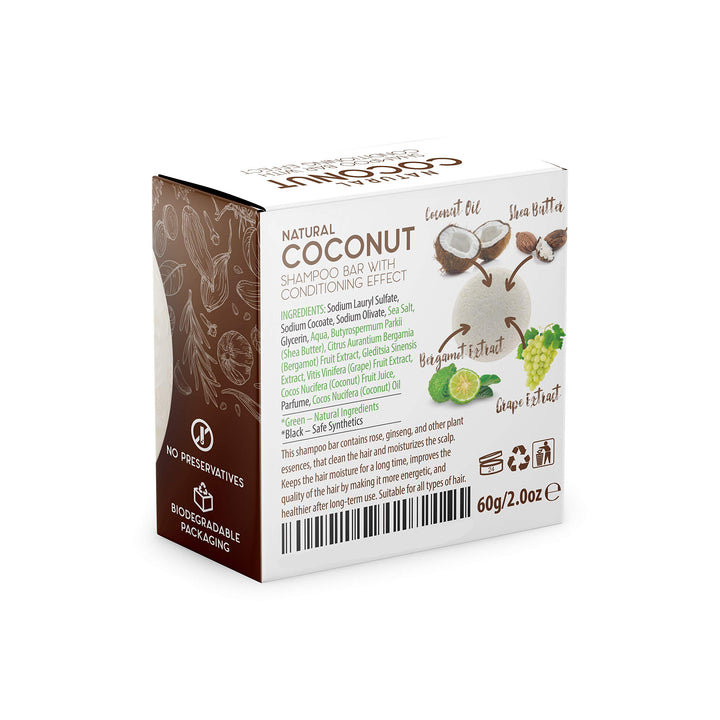 BAMBOEARTH Solid Shampoo Bar And Conditioner Effect Hair Soap – 100% Organic Shampoo Bars For Hair With All Natural Plant Based Essential Oils And Zero Waste Biodegradable Packaging (Coconut)