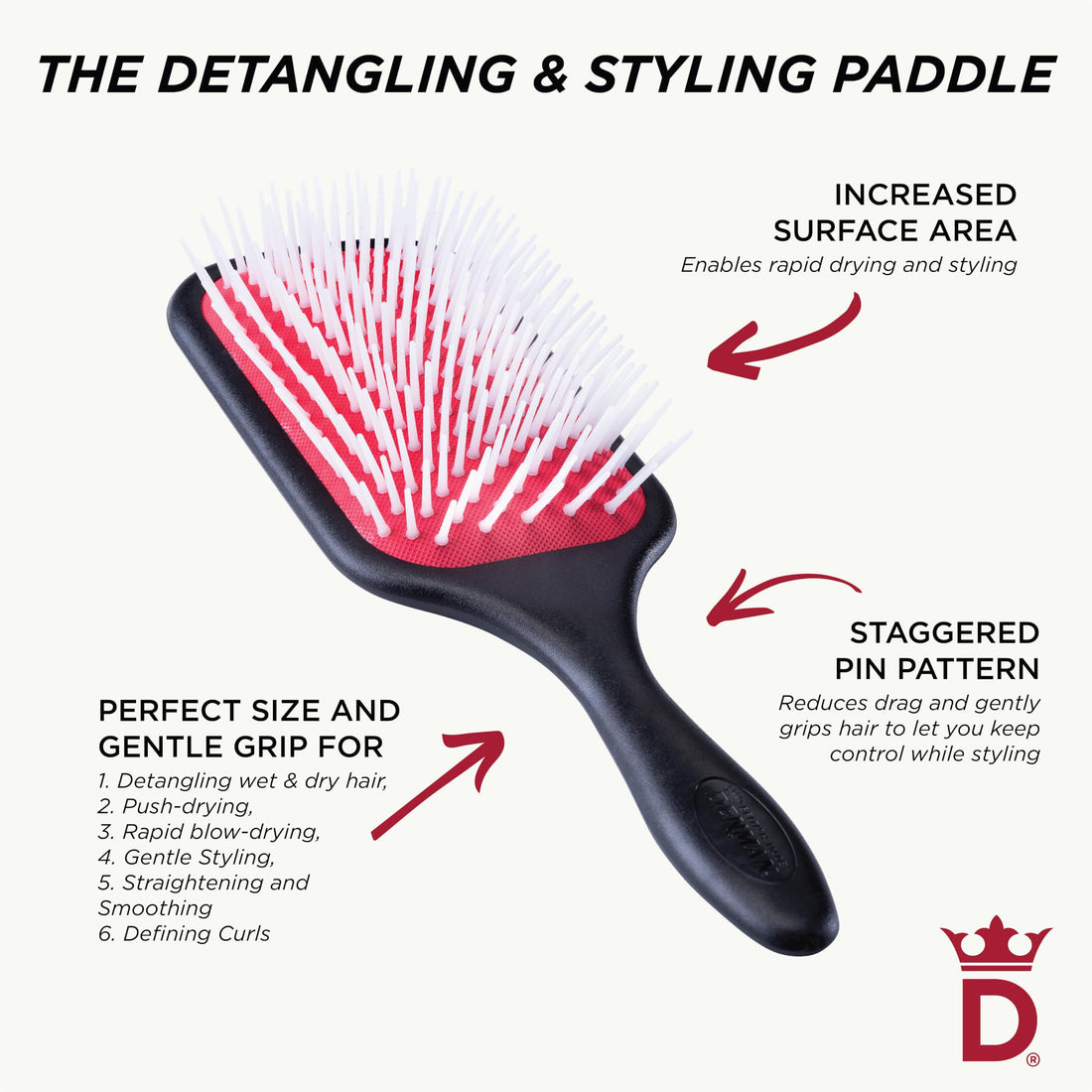 Denman D 38 Professional Large Power Paddle Hair Brush with Red Cushion for Men and Women, Black and Red Color