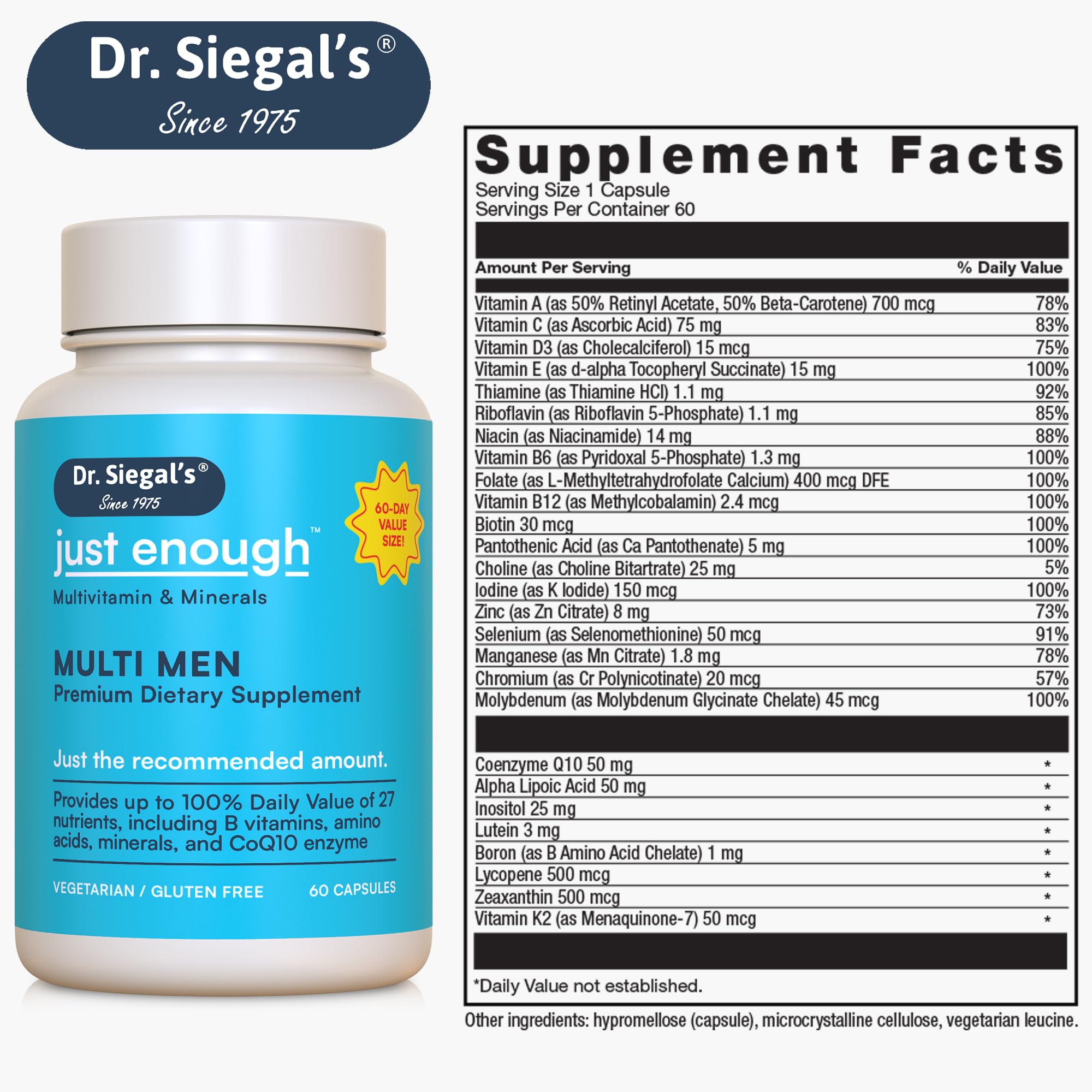 Dr. Siegal's Just Enough Multivitamins for Men - 60 Capsules - 60 Servings Vegetarian Multivitamin for Men Capsules - Men's Daily Multivitamin - Mens Multivitamins & Multi Minerals Supplement