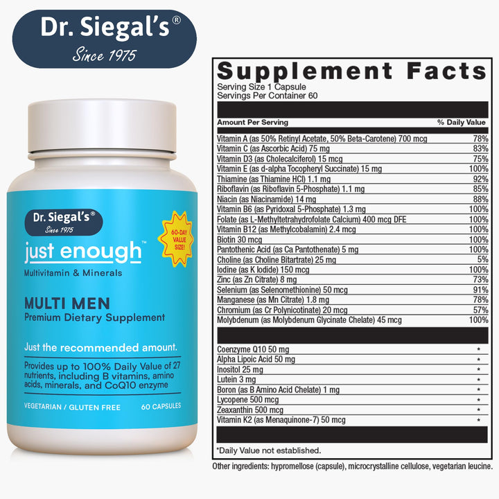 Dr. Siegal's Just Enough Multivitamins for Men - 60 Capsules - 60 Servings Vegetarian Multivitamin for Men Capsules - Men's Daily Multivitamin - Mens Multivitamins & Multi Minerals Supplement