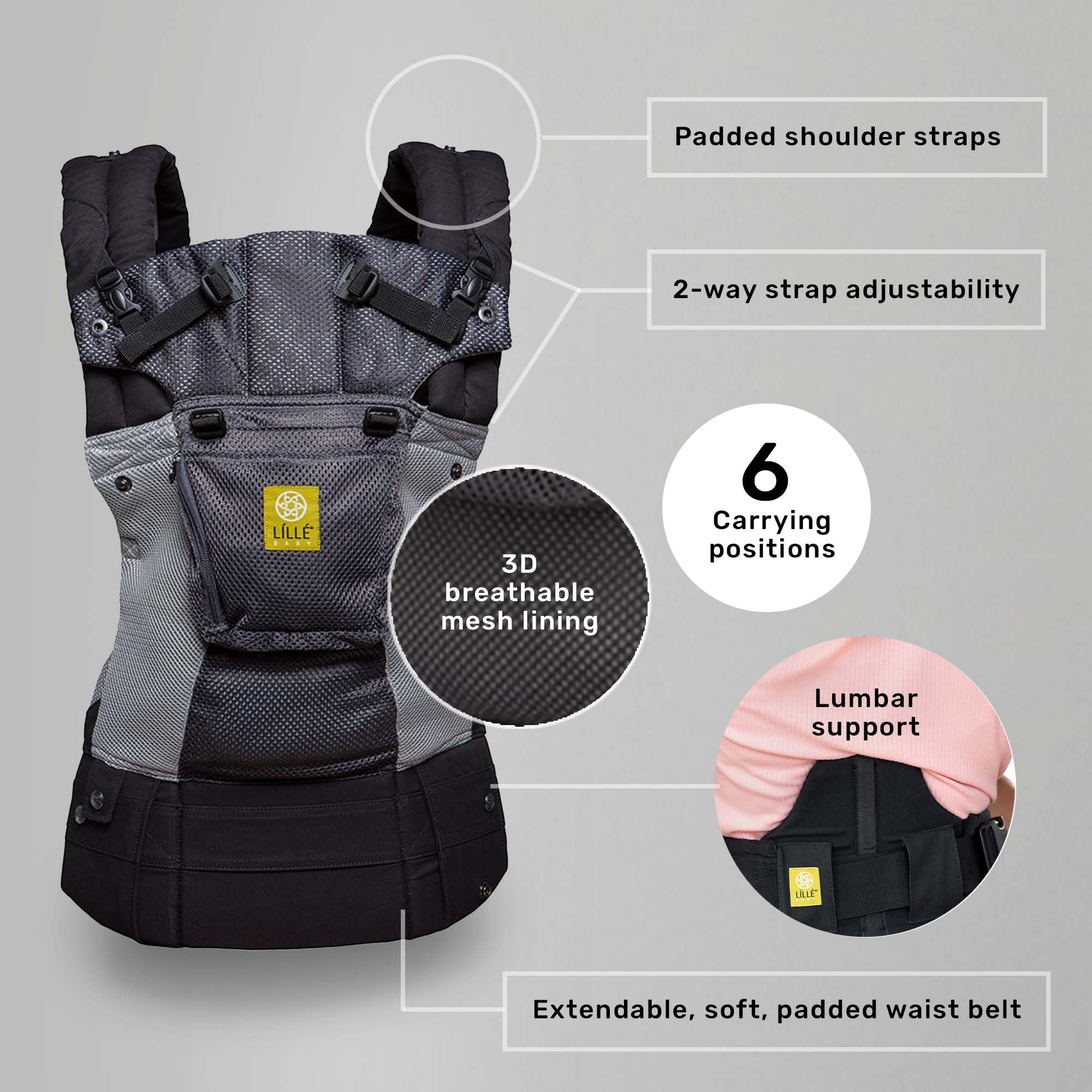 LÍLLÉbaby Complete Airflow Ergonomic 6-in-1 Baby Carrier Newborn to Toddler - with Lumbar Support - for Children 7-45 Pounds - 360 Degree Baby Wearing - Inward and Outward Facing - Charcoal/Silver