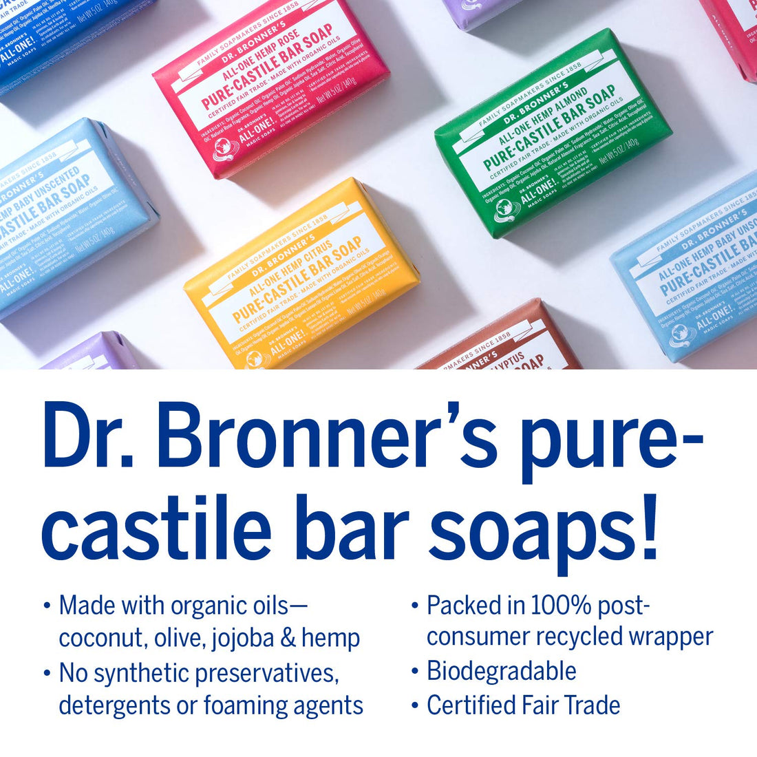 Dr. Bronner's - Pure-Castile Bar Soap (Tea Tree, 5 ounce, 2-Pack) - Made with Organic Oils, For Face, Body, Hair and Dandruff, Gentle on Acne-Prone Skin, Biodegradable, Vegan, Non-GMO