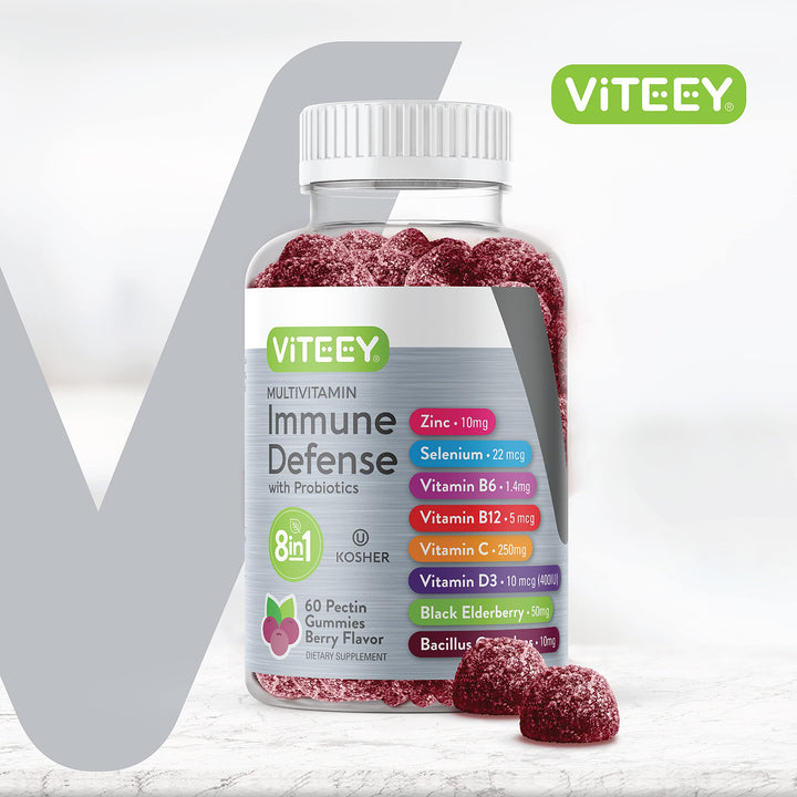Multivitamin Gummies 8 in 1 Immune Support Supplement with Probiotics - Immune Boosters for Adults & Teens - Vegetarian, Gelatin Free, GMO Free - Chewable Berry Flavored Pectin Immune Defense Gummy