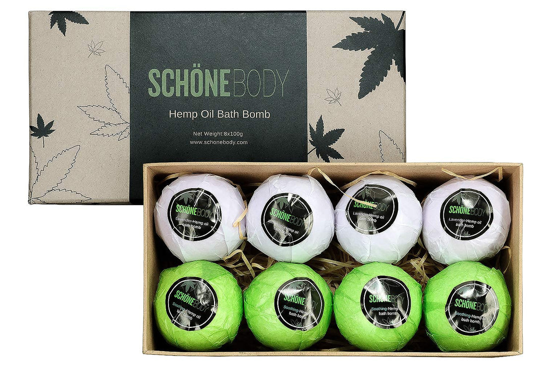 Hemp Bath Bombs, Large Set of 8 Bath Bombs. by Schone Body, 2 Relaxing Scents of Refreshing Mint and Hemp Oil and Soothing Lavender and Hemp Oil. Made with Pure Essential Oil Vegan Set