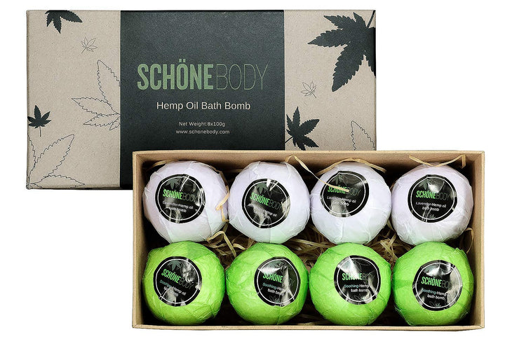 Hemp Bath Bombs, Large Set of 8 Bath Bombs. by Schone Body, 2 Relaxing Scents of Refreshing Mint and Hemp Oil and Soothing Lavender and Hemp Oil. Made with Pure Essential Oil Vegan Set