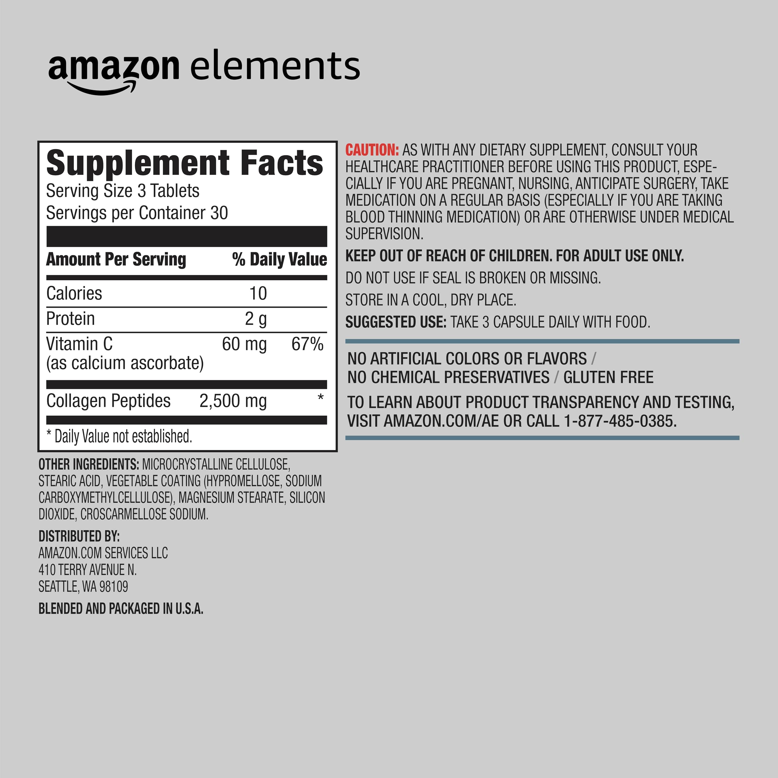 Amazon Elements Collagen Peptides + Vitamin C, 2500 mg Collagen Peptides per Serving, 90 Tablets, 1 Month Supply