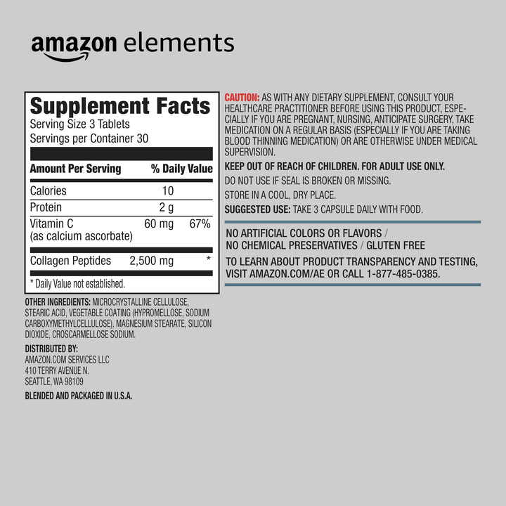 Amazon Elements Collagen Peptides + Vitamin C, 2500 mg Collagen Peptides per Serving, 90 Tablets, 1 Month Supply