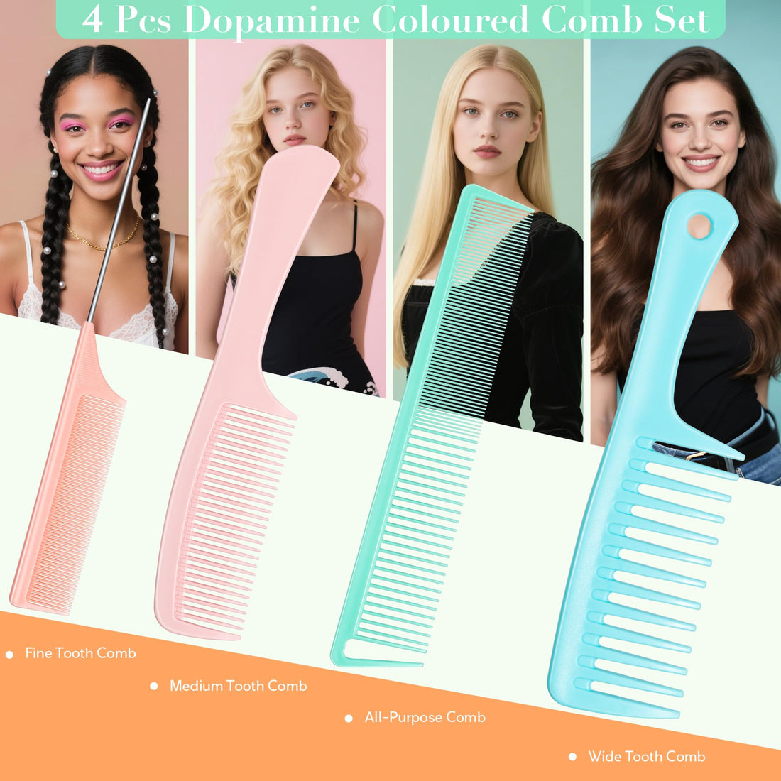 SALONSILK Dopamine Colorful 4PCS Professional Comb Set, Wide Tooth Rat Tail Fine Tooth Hair Combs, Braiding Cutting Barber Styling Curly Parting Set for Men and Women