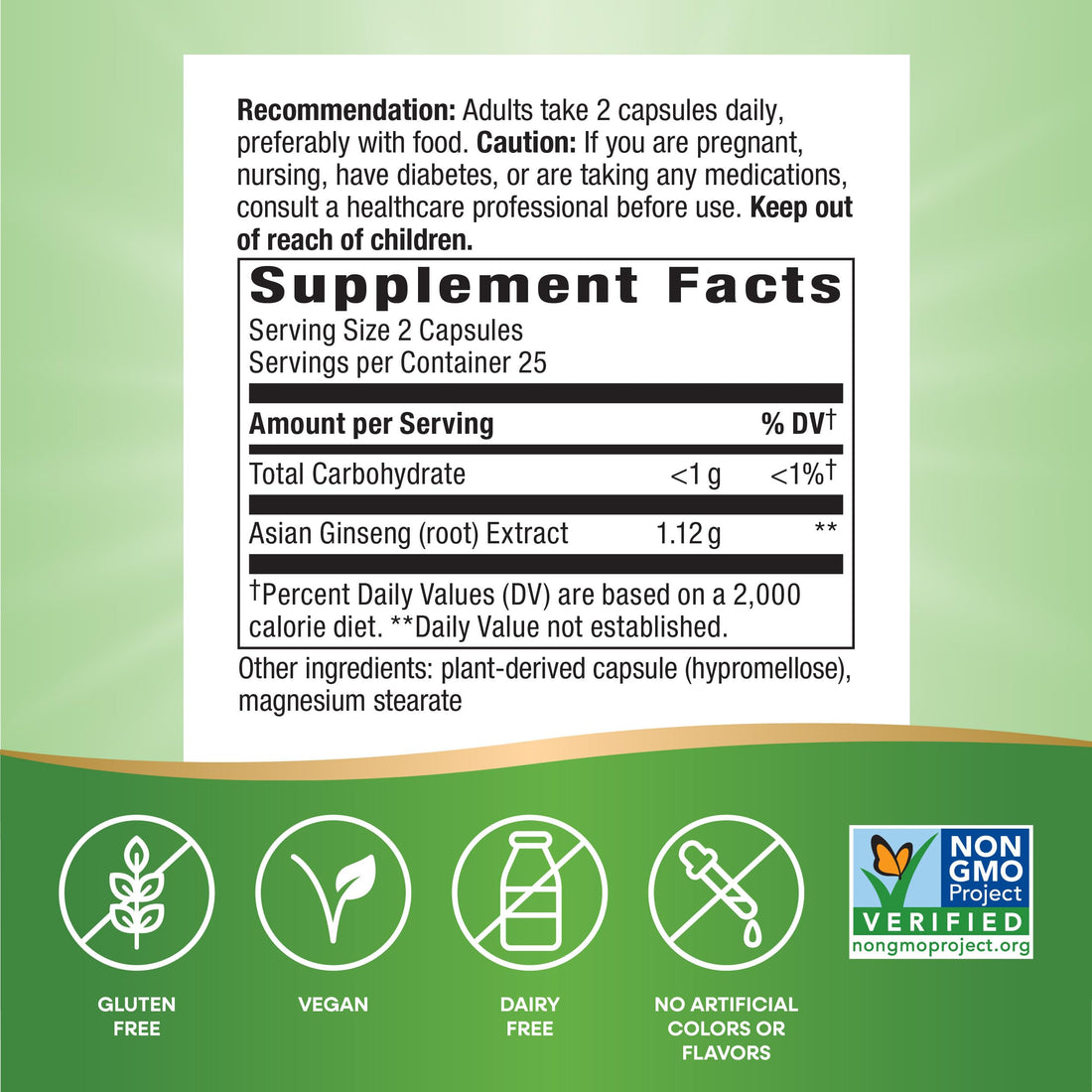Nature's Way Asian Ginseng, Fights Fatigue*, 1,120mg Per 2-capsule Serving, Non-GMO Project Verified, Vegan, 50 Capsules (Packaging May Vary)