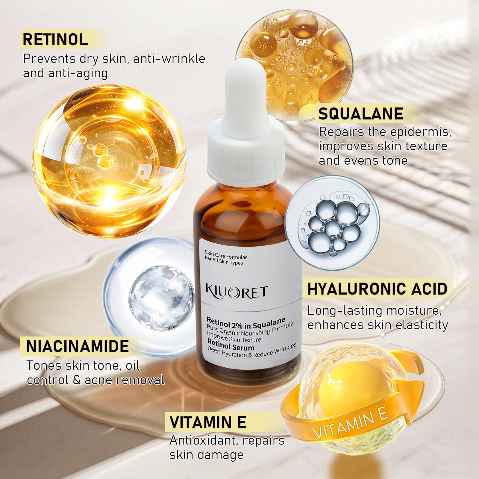 Retinol Serum for Face, 2% Retinol Serum with Squalane, Hyaluronic Acid, Vitamin E, Niacinamide for Anti-Aging, Wrinkles and Fine Lines, Improves Texture for All Skins, 30ml of 1 Pack