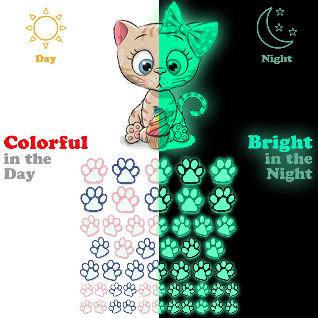 Glow in The Dark Cat Stickers with Dog and Fish, Wall Decals Sticker for Kids Bedding Room, Great for Birthday Gift Glowing Cat for Girls and Boys