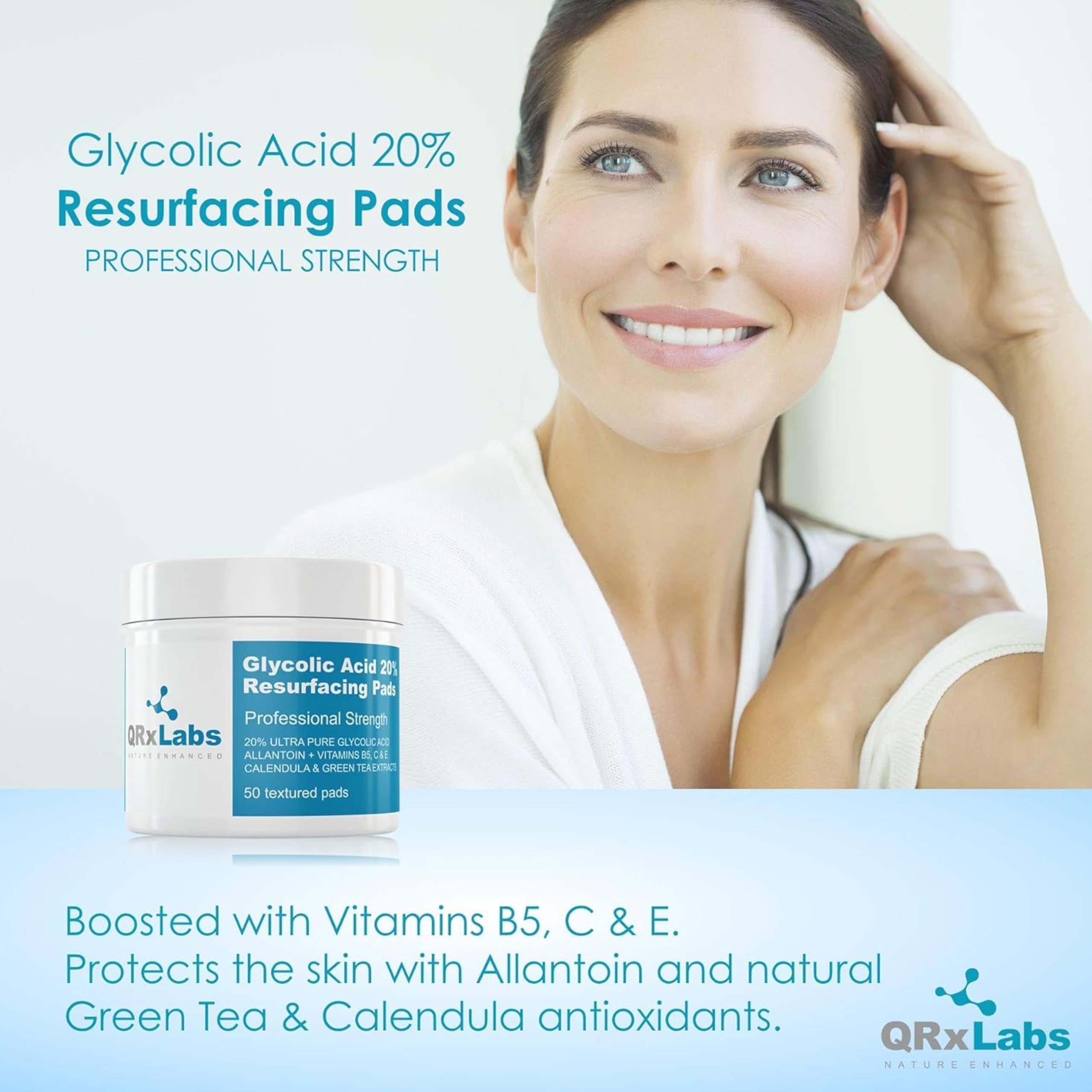 QRxLabs Glycolic Acid 20% Resurfacing Pads with Vitamins B5, C and E, Green Tea, Calendula, Allantoin