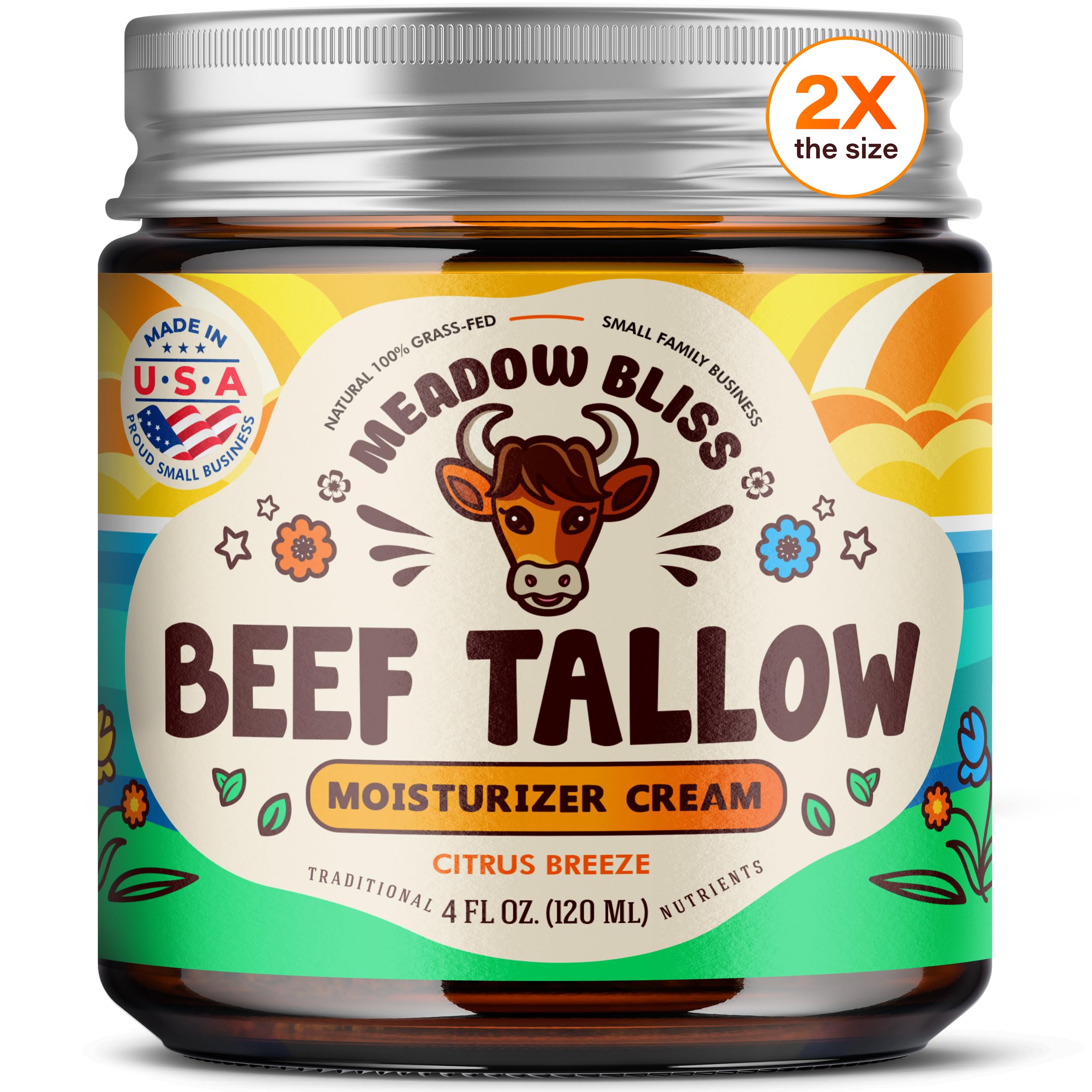 Meadow Bliss Beef Tallow for Skin - Moisturizer Cream - 100% Grass Fed - Whipped Beef Tallow - Organic Jojoba Oil - Organic Shea Butter - Supports Eczema, Rosacea+ - Made in USA - Citrus Breeze - 4 oz