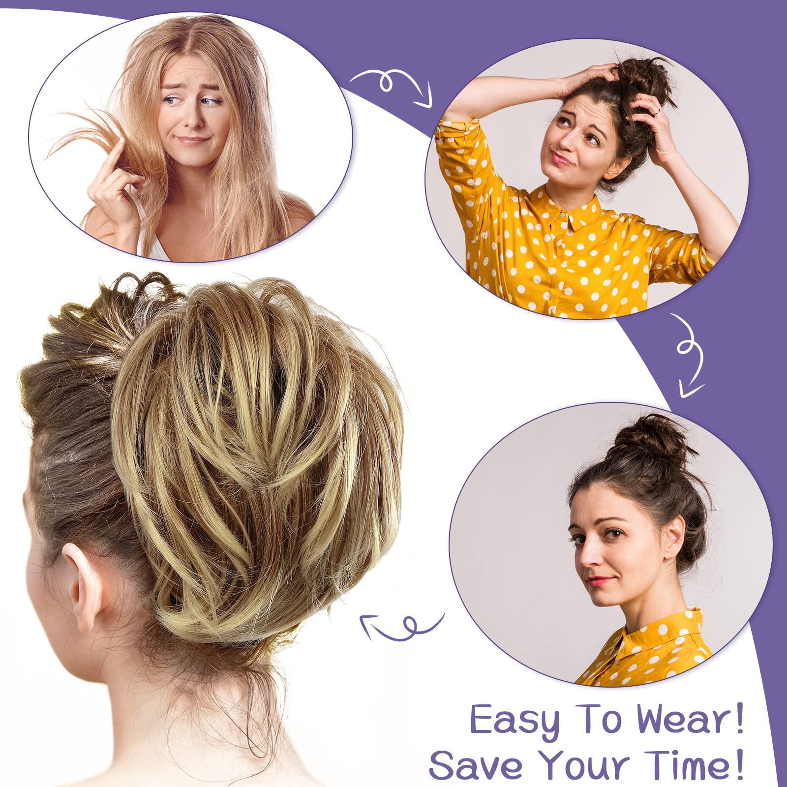 WILLBOND 4 Pcs Messy Hair Bun Hairpiece Tousled Updo for Women Hair Extensions Straight Short Ponytail Elastic Scrunchies Curly Hair Accessories (Brown mix Blond/12H24,Basic Style)