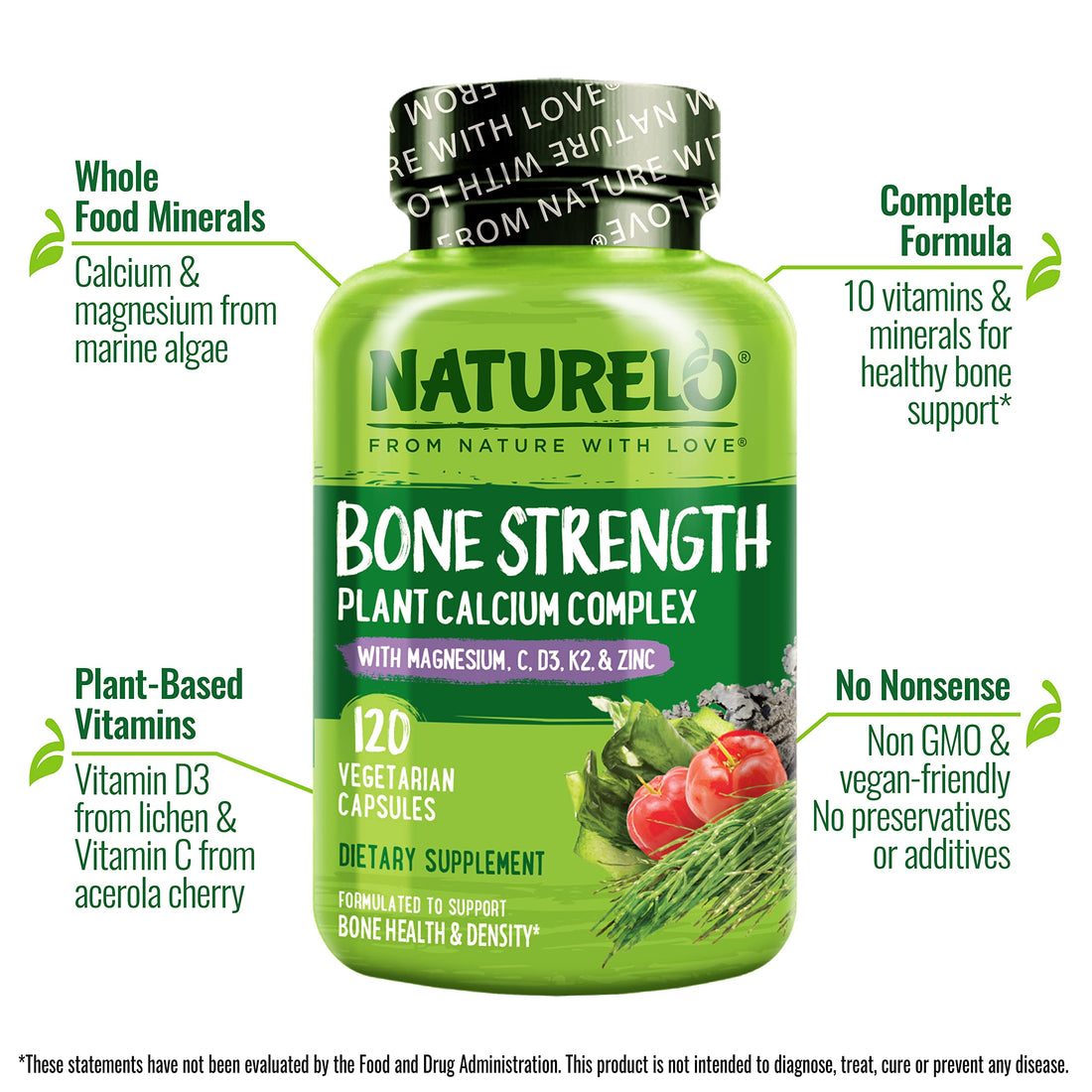 NATURELO Calcium Supplement - with Vitamin C, Vitamin D3, K2, and Calcium Magnesium Zinc for Bone Strength with Calcium 600mg - Plant-Based, 240 Vegetarian Capsules, Non-GMO, Soy & Gluten-Free