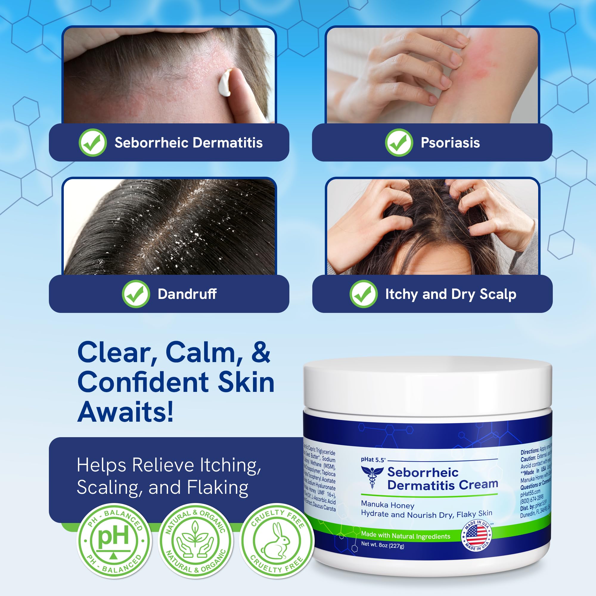 pHat 5.5 Seborrheic dermatitis Moisturizing Cream & Face Lotion for Women - Soothing Redness for Face & Body Cream - Hydrating for Dry Skin & Anti Itch Lotion (8oz)