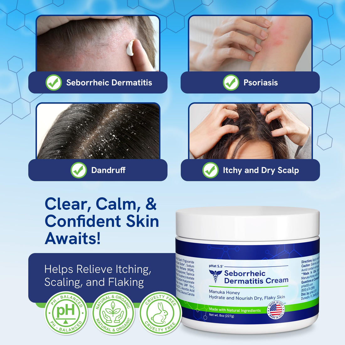 pHat 5.5 Seborrheic dermatitis Moisturizing Cream & Face Lotion for Women - Soothing Redness for Face & Body Cream - Hydrating for Dry Skin & Anti Itch Lotion (8oz)