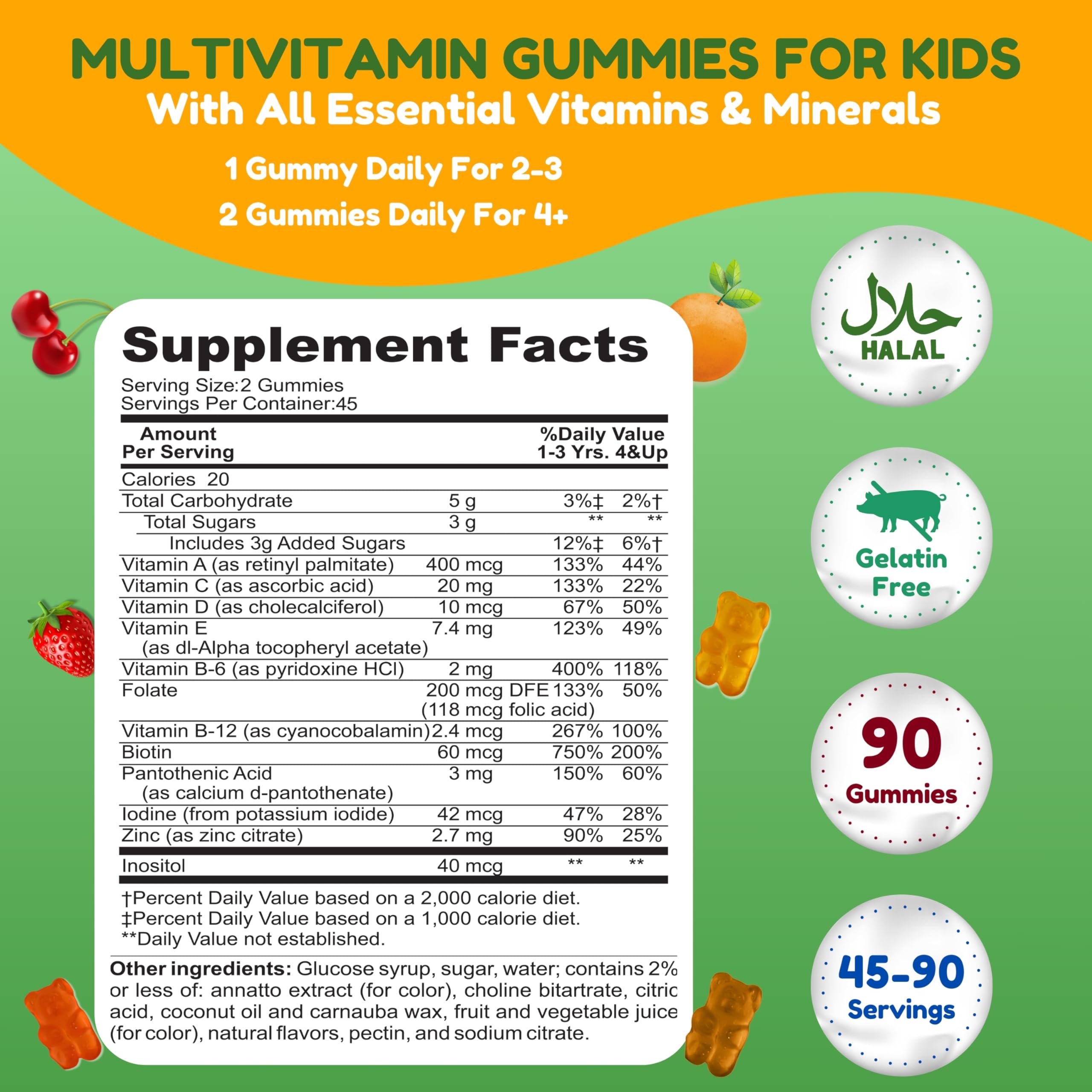 SHIFAA NUTRITION Halal Kids Multivitamin Gummies, 45-90 Days Supply, with All Essential Kids Vitamins. Toddler Vitamins with Vitamin C, D, Zinc, A, E, B6, B12, Biotin | Halal Gummy Vitamins for Kids