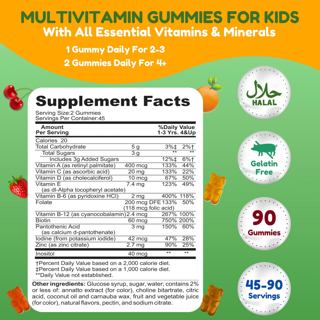 SHIFAA NUTRITION Halal Kids Multivitamin Gummies, 45-90 Days Supply, with All Essential Kids Vitamins. Toddler Vitamins with Vitamin C, D, Zinc, A, E, B6, B12, Biotin | Halal Gummy Vitamins for Kids