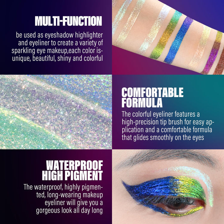 JUR MORNIER Multichrome Liquid Eyeshadow Set,3 Colors Multi-Dimensional Eye Liner Makeup,High Pigment Waterproof Metallic Eyeshadow,Ultre Fine Tip Glitter Eyeshadow (101+102+103)
