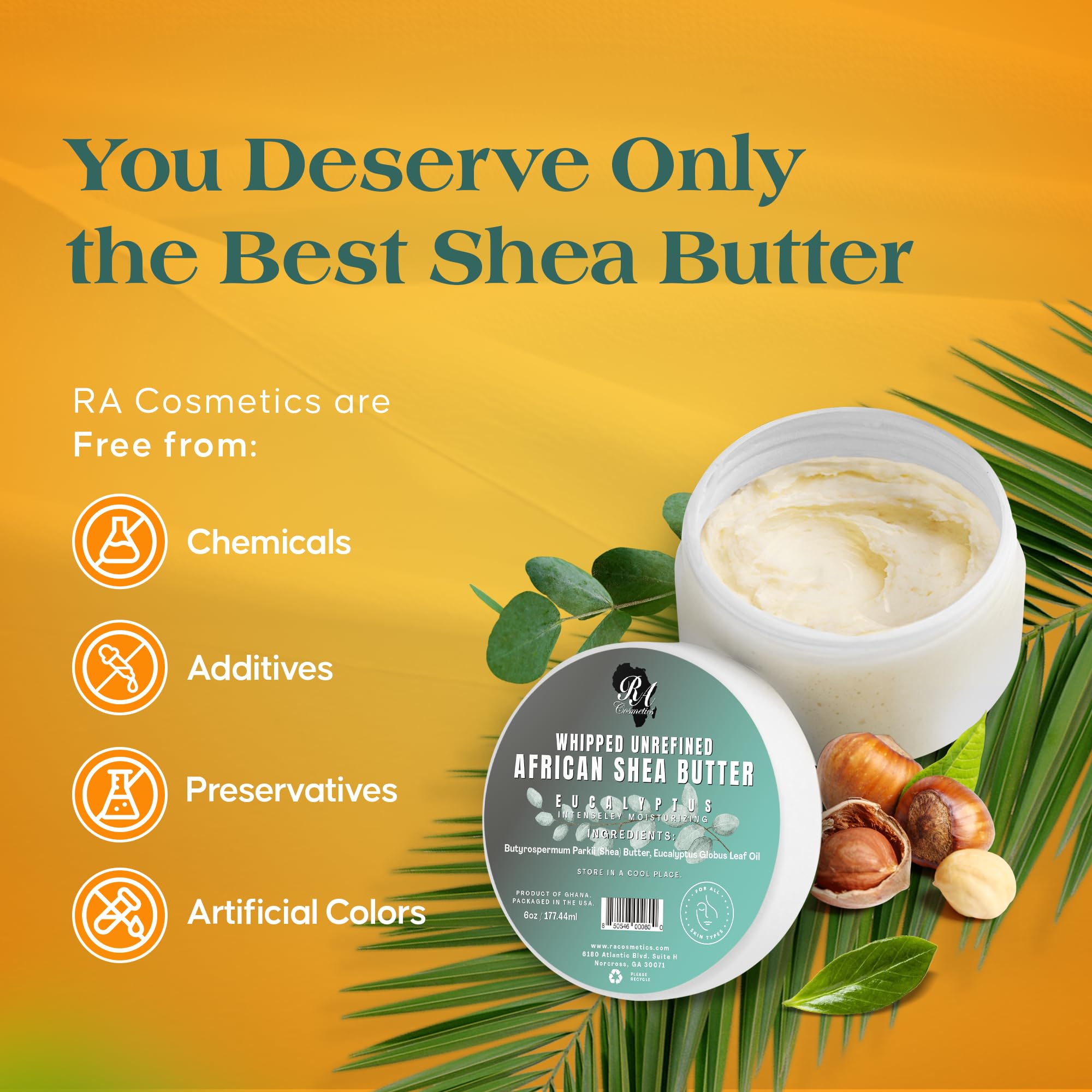 RA COSMETICS - 100% Natural Whipped Moisturizing African Shea Butter 6 oz Unscented Ultimate Skin Moisturizer