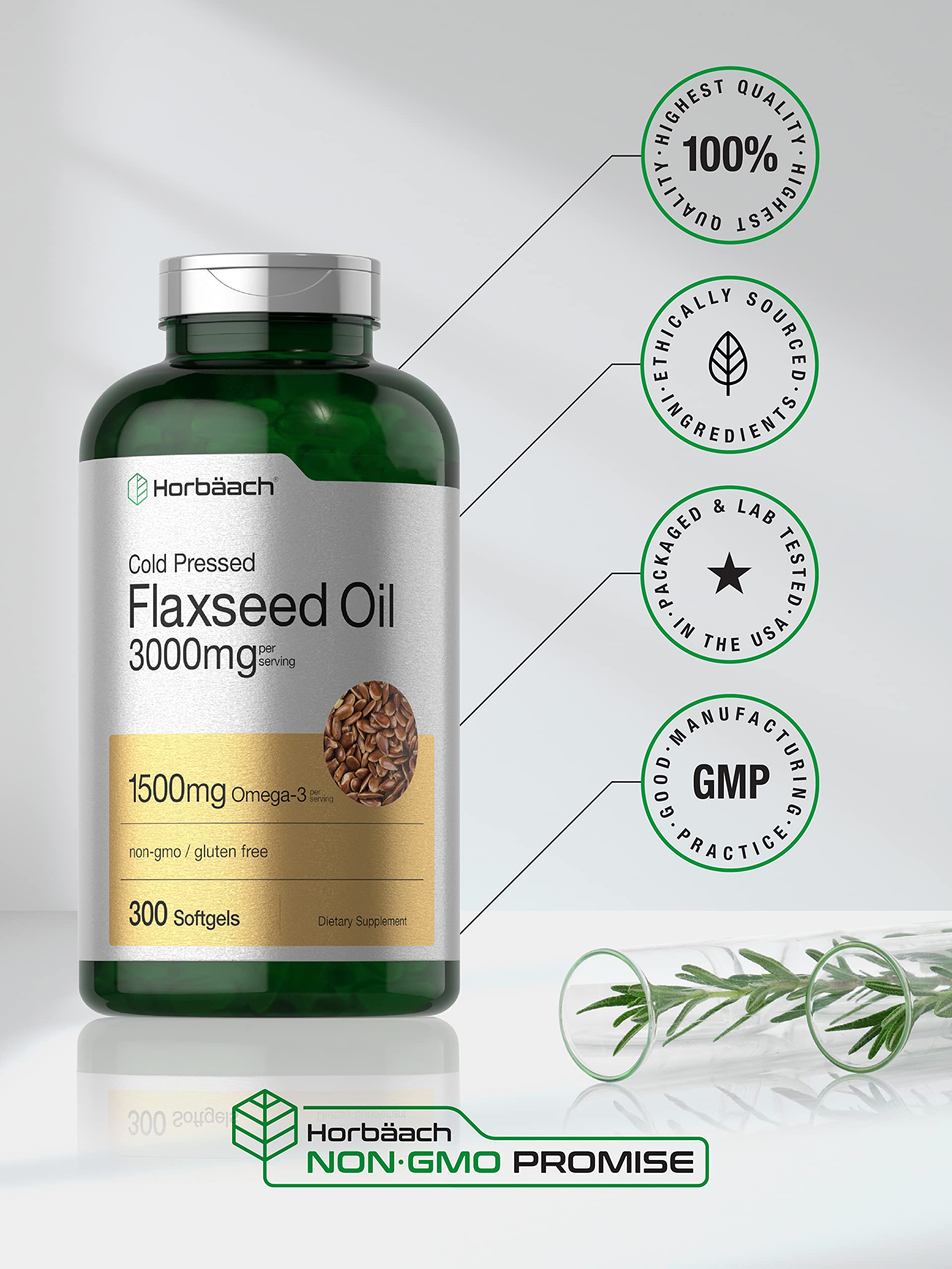 Horbäach Flaxseed Oil Softgel Capsules 3000mg | 300 Count | High Potency | with Omega 3 6 9 | Non-GMO, Gluten Free | Cold Pressed Flax Seed