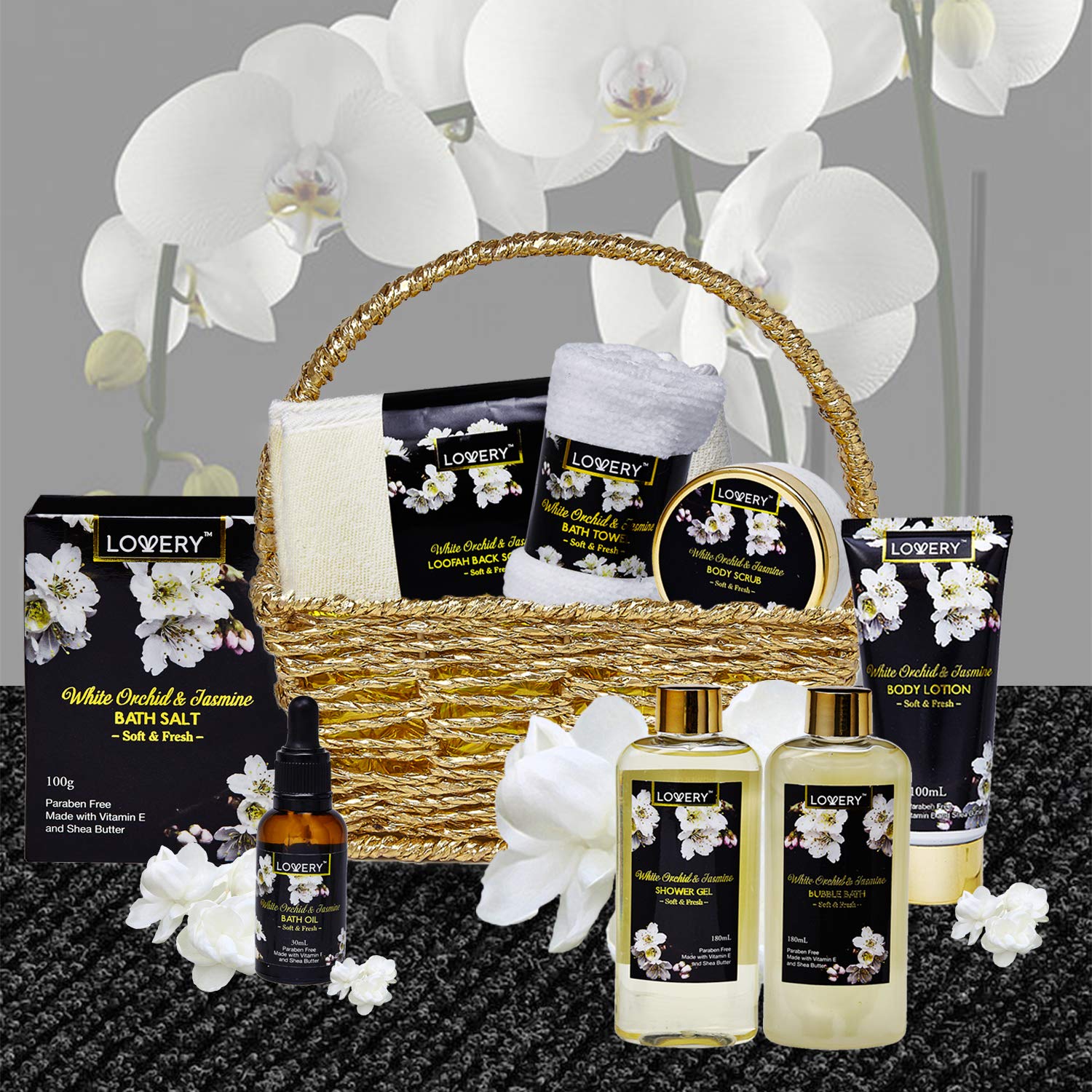 Bath and Body Gift Basket for Women and Men â‚¬â€œ Orchid and Jasmine Home Spa Set With Body Scrubs, Oils, Gels and More - 9 Piece Set