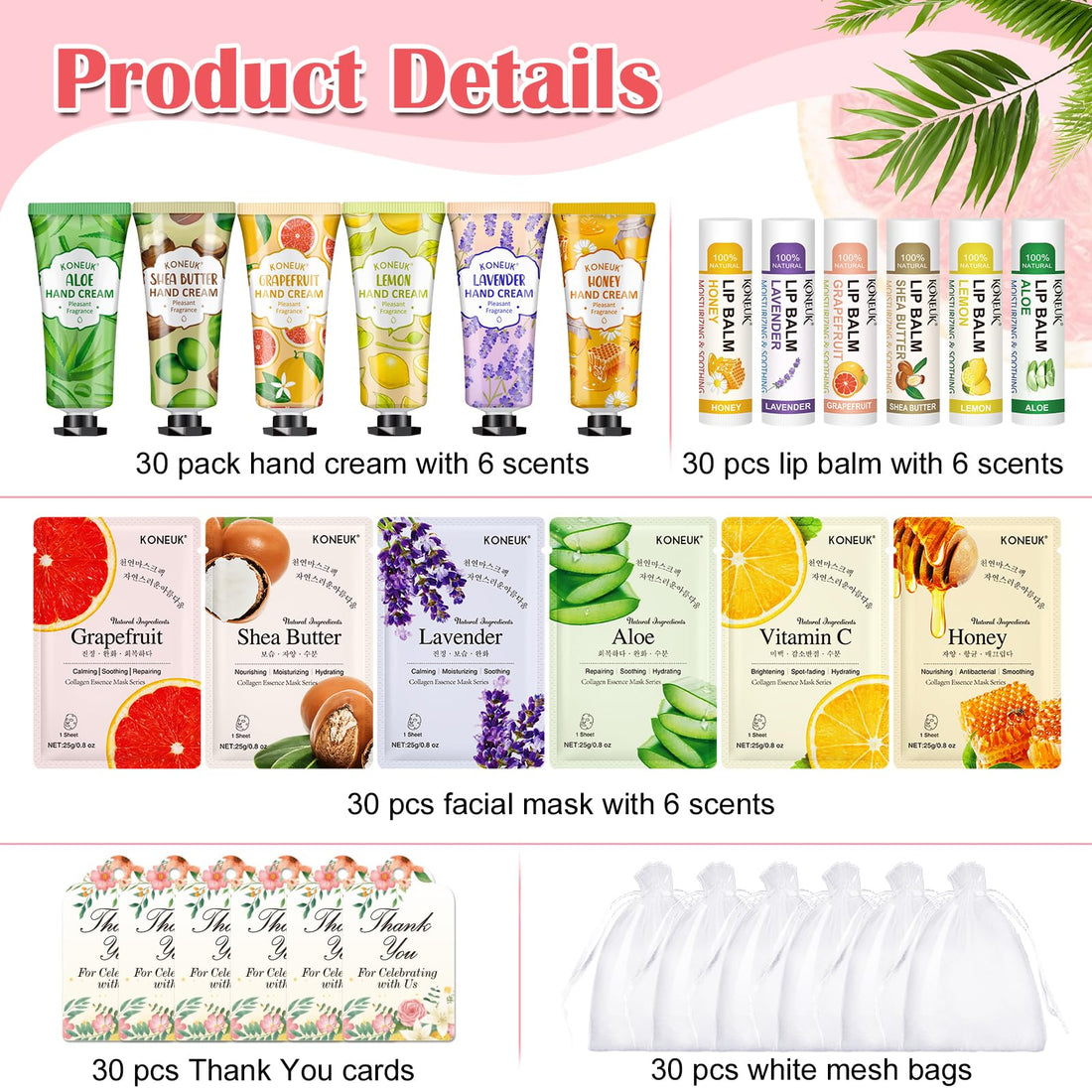 30 Pack Bulk Facial Mask, Bulk Hand Cream and Bulk Lip Balm Sets, Mothers Day Gifts, Nurse Gifts, Bridal Shower Favors and Baby Shower Party Favors for Guests, Teacher Appreciation Gifts for Women