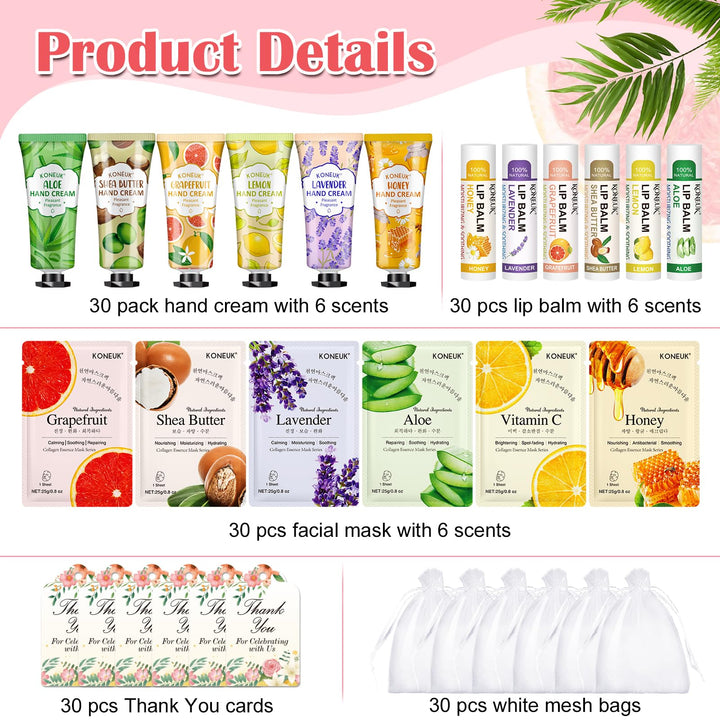 30 Pack Bulk Facial Mask, Bulk Hand Cream and Bulk Lip Balm Sets, Mothers Day Gifts, Nurse Gifts, Bridal Shower Favors and Baby Shower Party Favors for Guests, Teacher Appreciation Gifts for Women