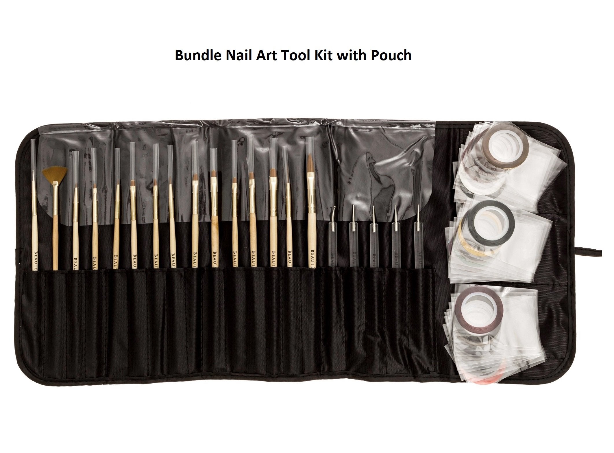 Beaute Galleria Bundle 50 Pieces Nail Art Tool Kit with Pouch - 5 Pieces Dotting Tool Marbleizing Pen (10 Sizes), 15 Pieces Acrylic Gel Detailing Painting Brushes Liners, 30 Pieces Striping Tapes