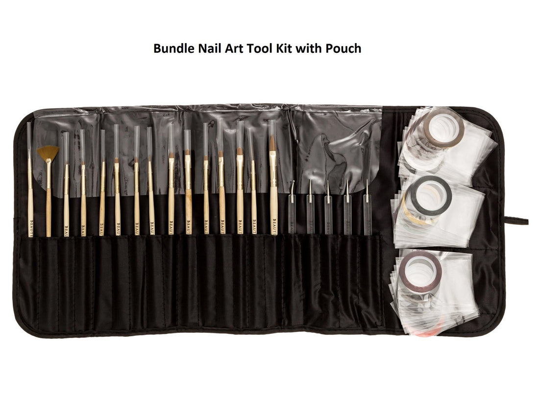 Beaute Galleria Bundle 50 Pieces Nail Art Tool Kit with Pouch - 5 Pieces Dotting Tool Marbleizing Pen (10 Sizes), 15 Pieces Acrylic Gel Detailing Painting Brushes Liners, 30 Pieces Striping Tapes