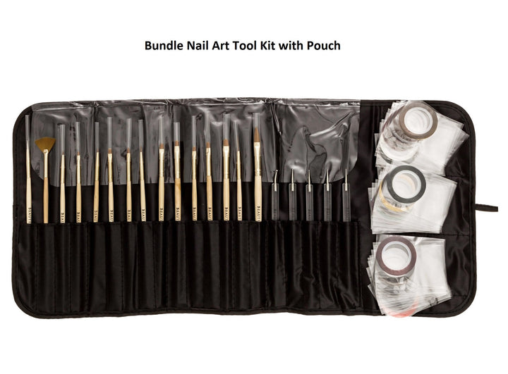 Beaute Galleria Bundle 50 Pieces Nail Art Tool Kit with Pouch - 5 Pieces Dotting Tool Marbleizing Pen (10 Sizes), 15 Pieces Acrylic Gel Detailing Painting Brushes Liners, 30 Pieces Striping Tapes