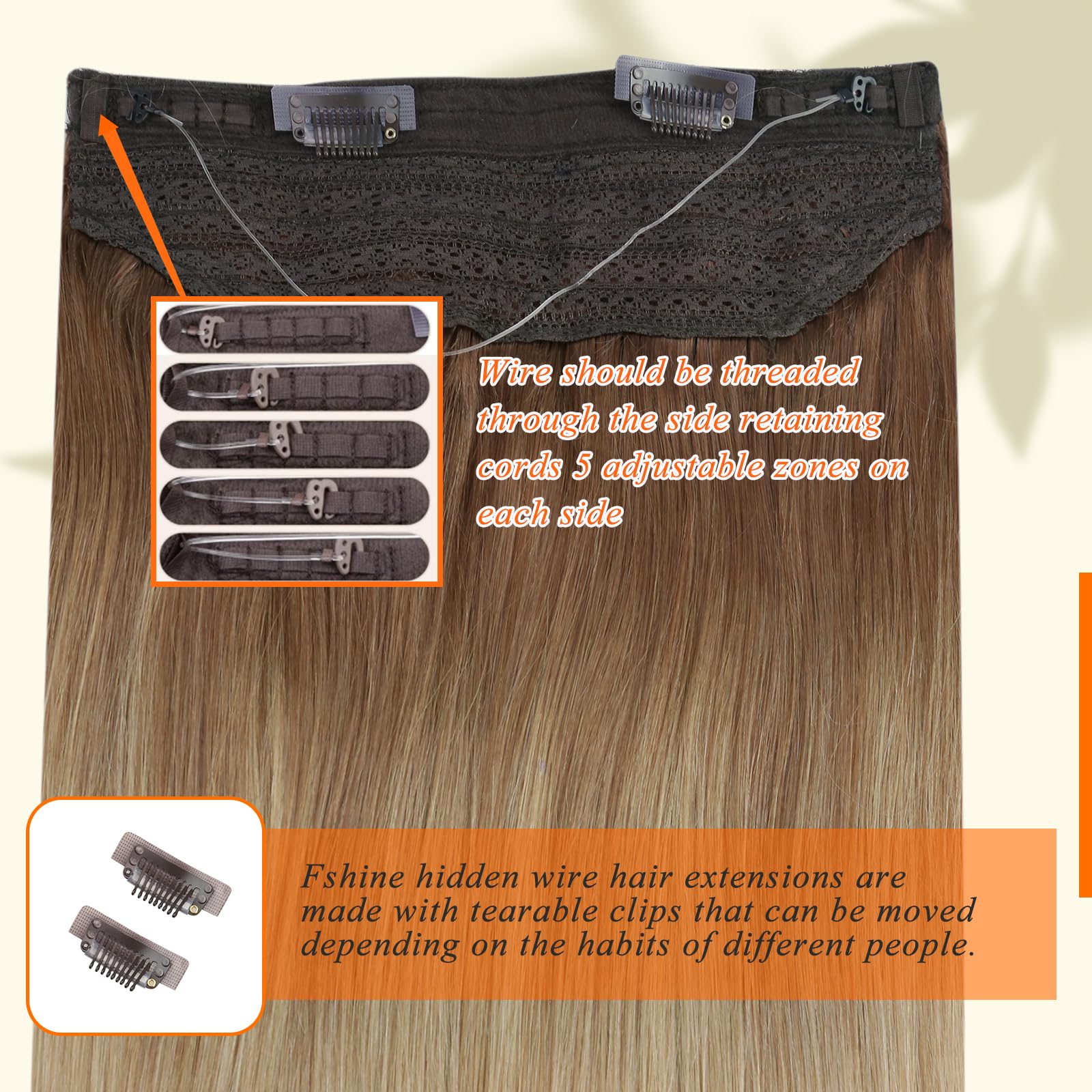 Fshine Wire Hair Extensions Real Human Hair Piece Headband for Women 80Gram Crown Hair Seamless Extensions with Invisible Transparent Wire Golden Brown Balayage Blonde Secret Crown Hair Piece 16Inch