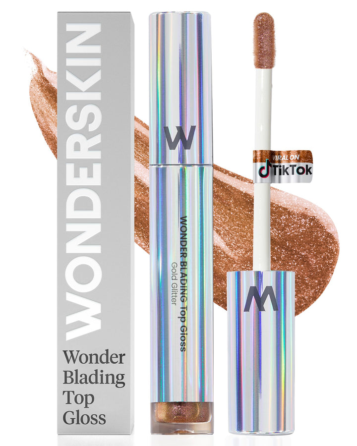 Wonderskin WONDER BLADING Top Gloss - Gold Glitter Lip Gloss, Hydrating and High Shine Finish Lip Makeup (Gold Glitter)
