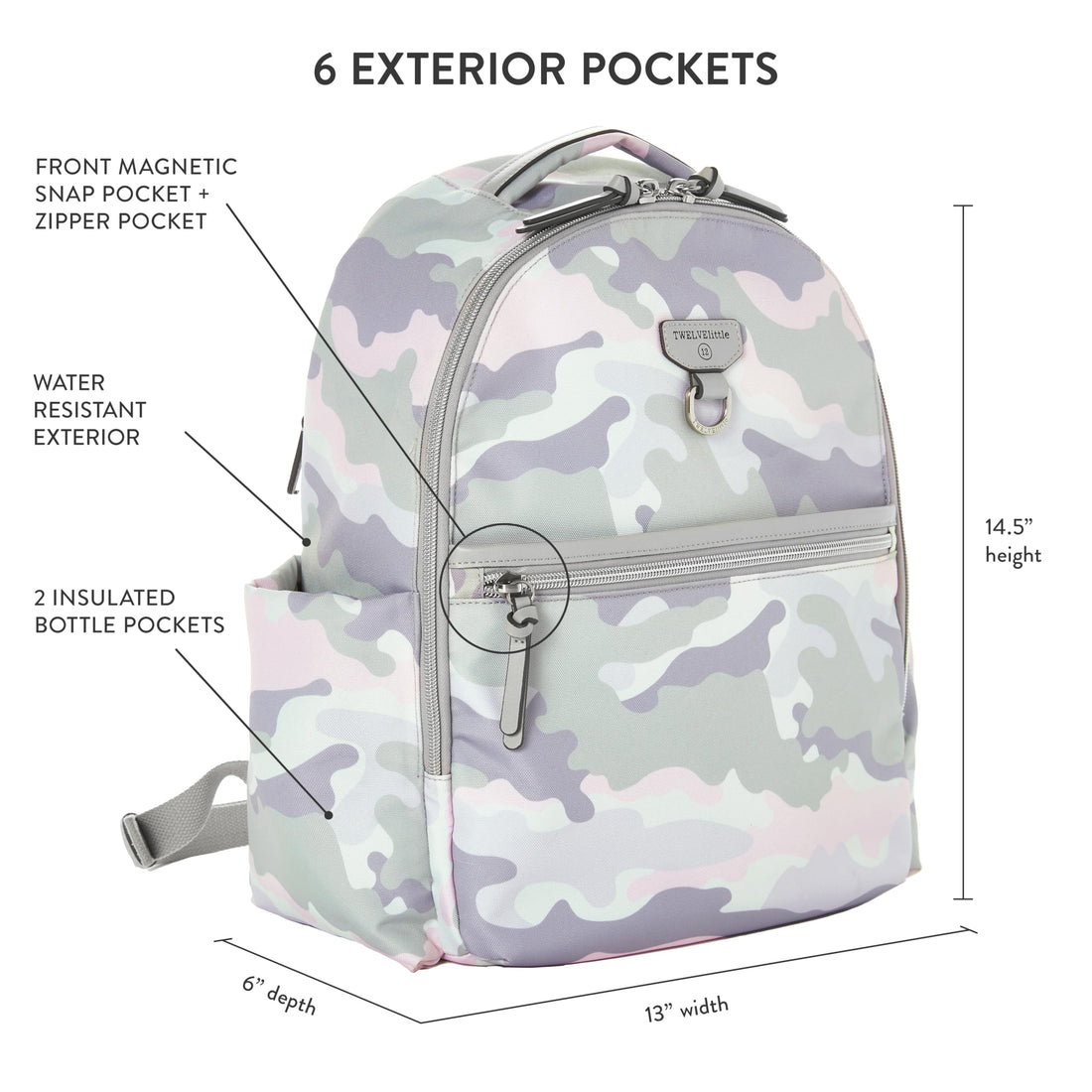 TWELVElittle Midi Go Diaperbag Backpack with Changing Pad, Diaper Bag Backpack for Moms or Dads with Insulated Pockets in Blush Camo