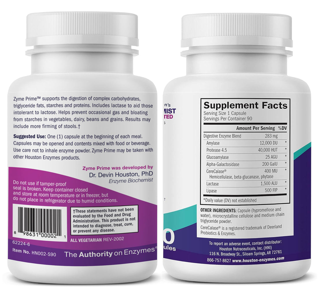 Houston Enzymes – Zyme Prime – 90 Capsules – Professionally Formulated to Support Digestion of Carbohydrates & Fats – Enhanced with Lactase for Lactose Intolerance – Helps Relieve Gas & Bloating