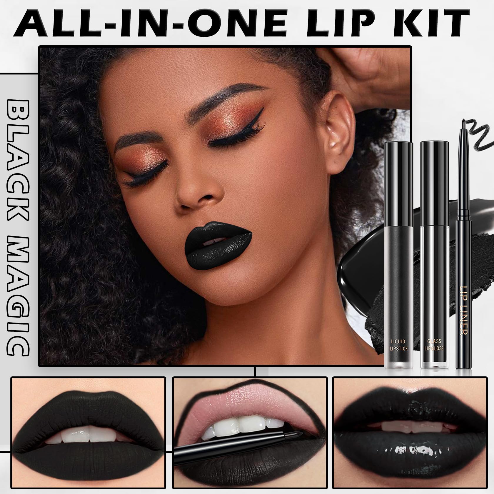 LZXLUKGIR Black Lipstick and Lip Liner Set Lip Kit,3 in 1 Velvet Black Lipstick Halloween Matte Black Liquid Lipstick Lip Gloss with Black Lip Pencil,Hydrating Lip Stain Lip Makeup(Black Magic)