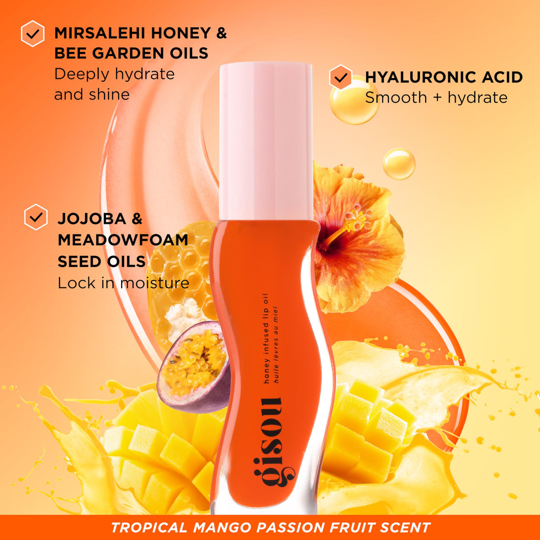 Gisou Honey Infused Hydrating Lip Oil, Nourishing Lip Moisturizer for Dry Lips, 0.27 fl oz (Mango Passion Punch)