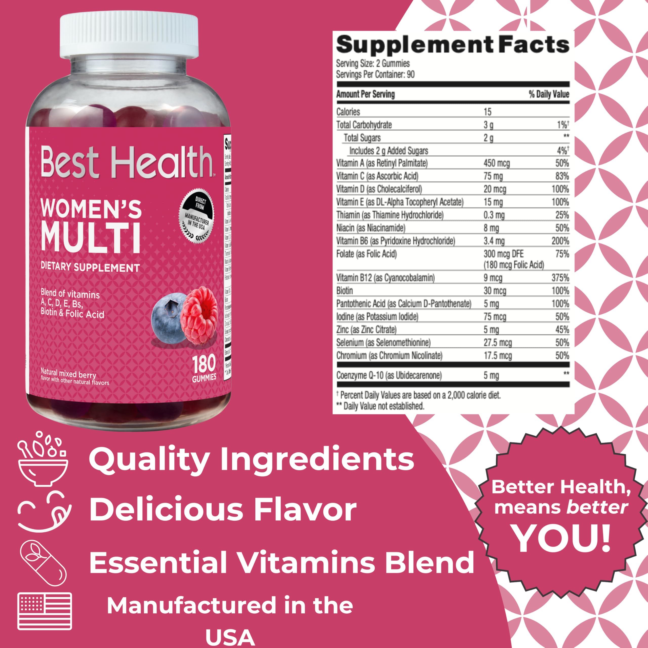 Best Health Women’s Multivitamin Gummies, Multivitamin for Women with Biotin, Folic Acid, Vitamins A,C,D,E,Natural Mixed Berry Flavor (180ct)