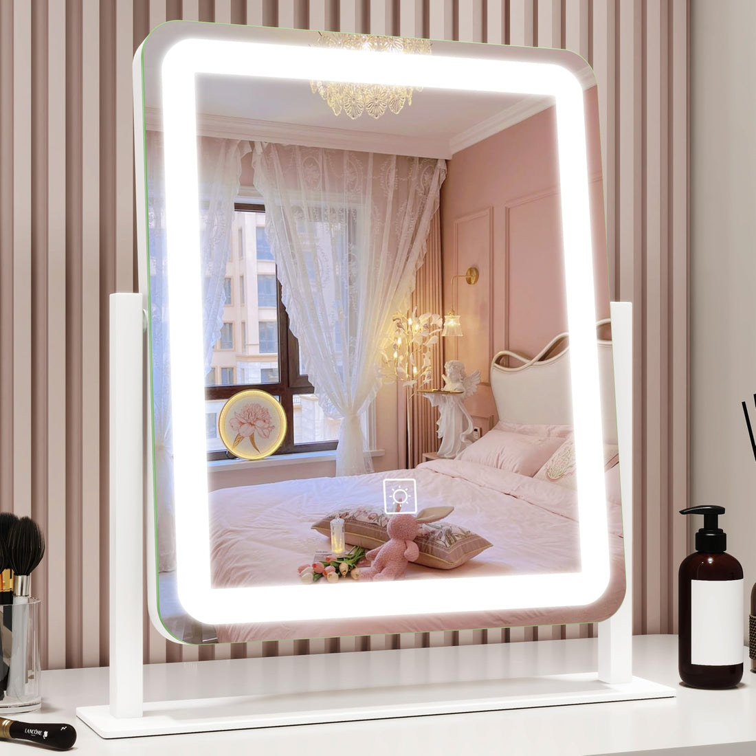 ROLOVE Vanity Mirror with Lights, 12.6×15 LED Makeup Mirror, Lighted Makeup Mirror with Lights, Smart Touch Control Dimmable 3 Modes Light, Lighted Up Mirror for Makeup Desk, Bedroom, Dressing Room